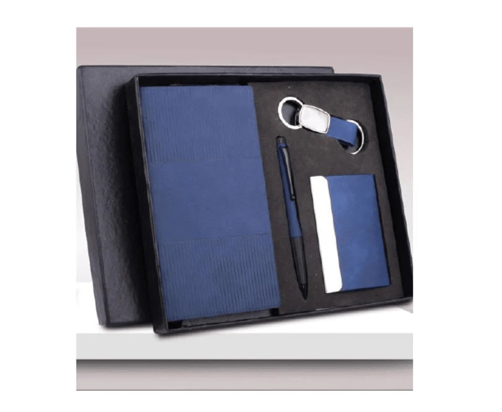 4 pc Notebook Set: A6 Size Notebook, Metal Pen, Loop Keychain & Visiting Card Holder in Gift Box: Blue