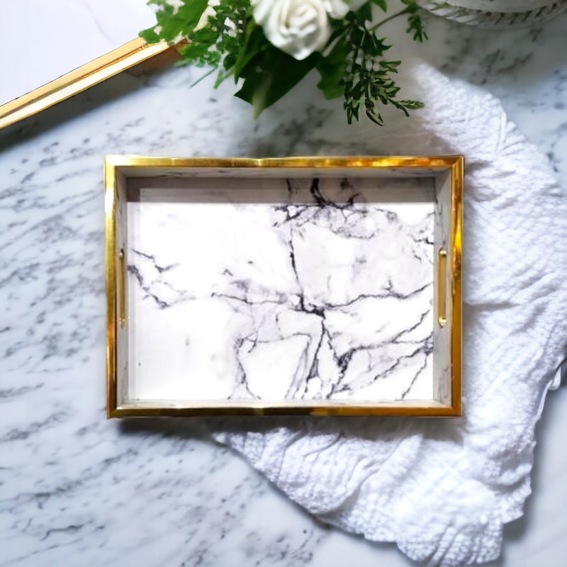 Rectangular Marble Design White Printed Wooden Tray with Handle