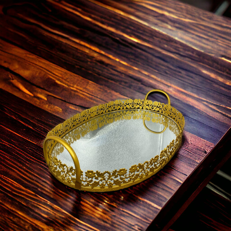 Oval Metallic Golden Tray with Glass Base with Handle