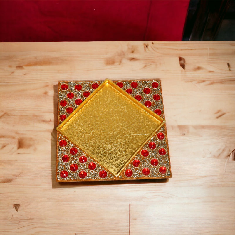Square Golden Artificial Stone Work Dry Fruit Tray