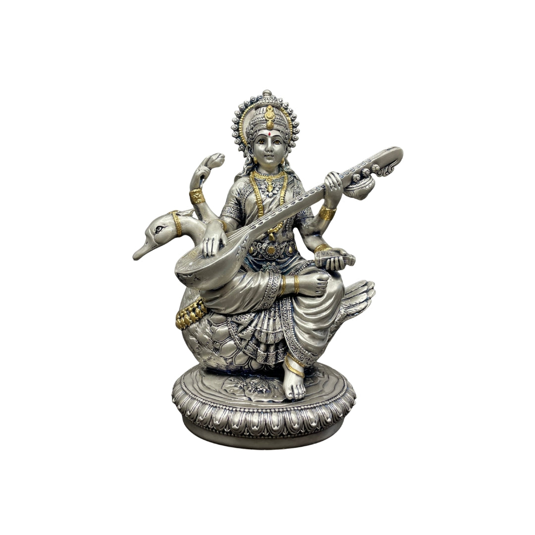 Silver Gold Goddess Saraswati 5 Inch Idol on Swan