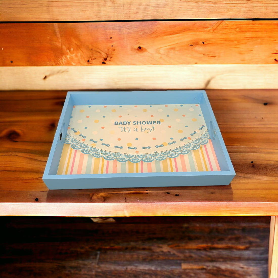 Rectangular DIY Wooden Blue Baby Boy Tray