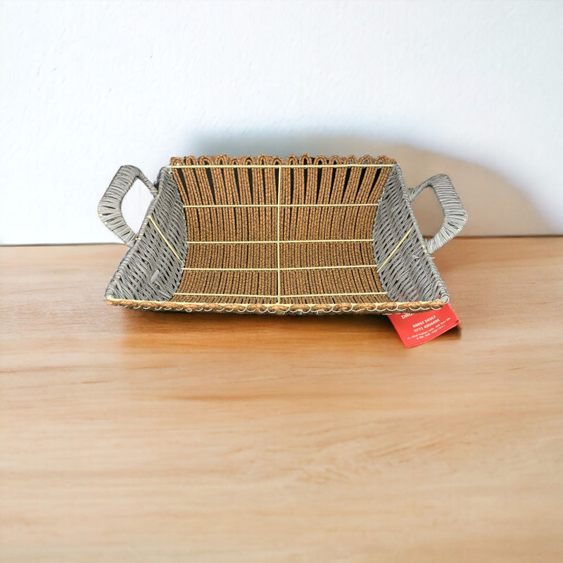 Rectangular Plastic Wooven Brown-Grey Basket with Handle