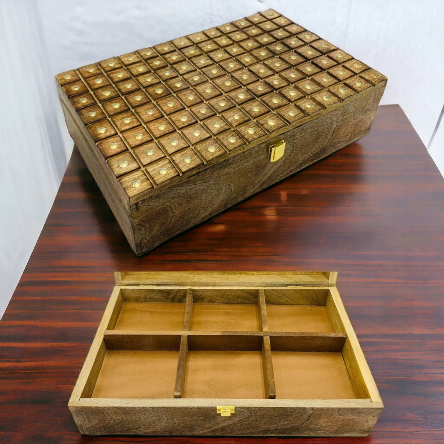 Cherish Wooden Box Rectangle (26x14x10cm) Hand Crafted with  Removable 6 Partitions Multi Purpose Uses like Dry fruits Giftings, Storage, Bangle Box etc