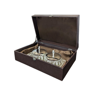 Luxury Silver Plated Twin Bowl Gift Set in Premium Brown Case