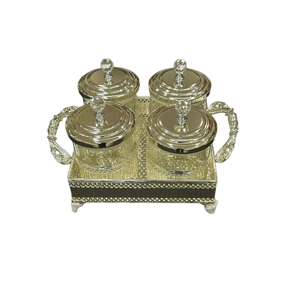 Glamorous Silver & Crystal 4 Glass Jars Set with Tray