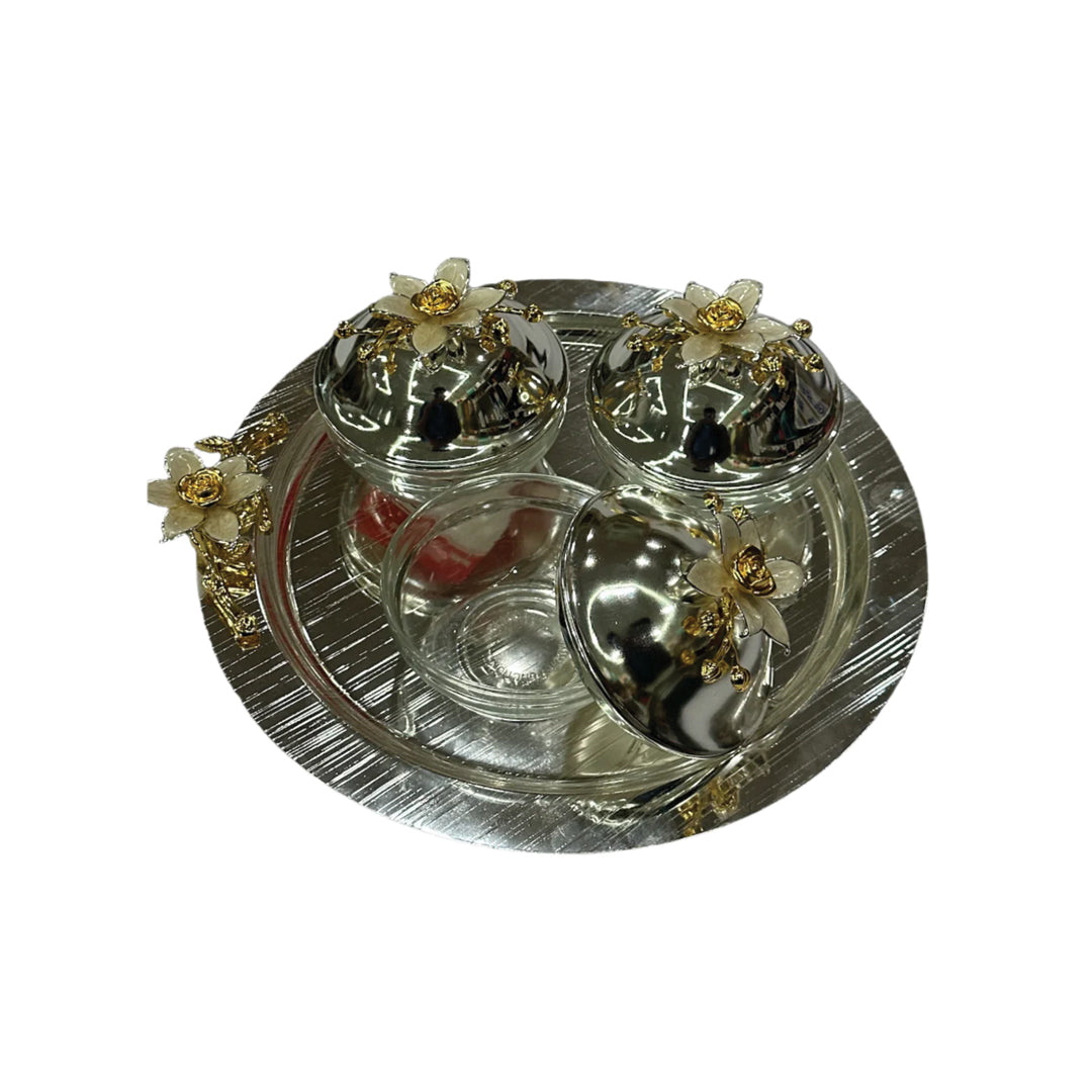 Opulent Flower Inspired Glass Bowl Set with Gold Lids