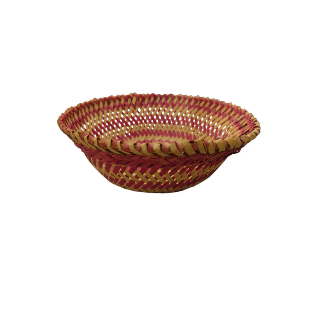 Red & Yellow Round Bamboo Woven  Basket Tray