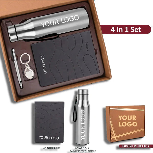 4 in 1 Gray Set: Metal Keychain, SS Bottle, Metal Pen and A5 PU Notebook in Kraft Gift Box: Gray