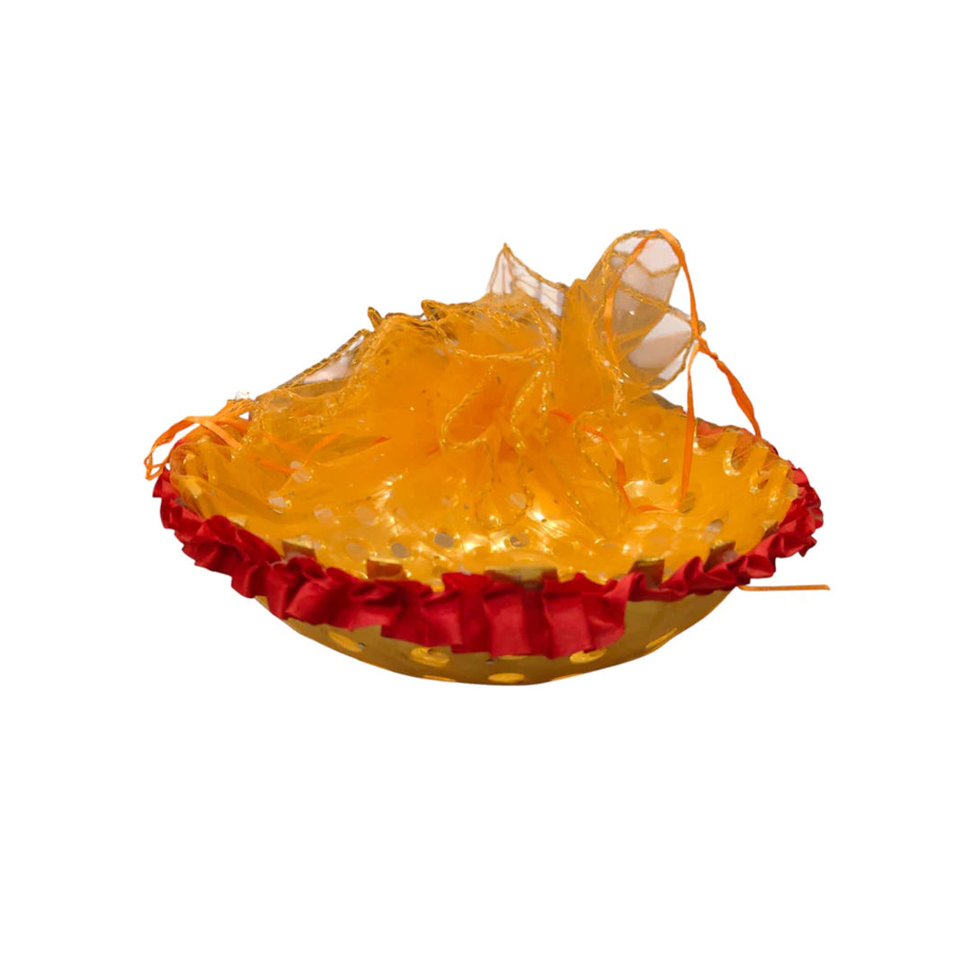 Decorative Gift Basket with Orange & Blue Net Cover and Ribbon Border