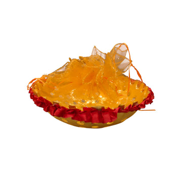 Decorative Gift Basket with Orange & Blue Net Cover and Ribbon Border