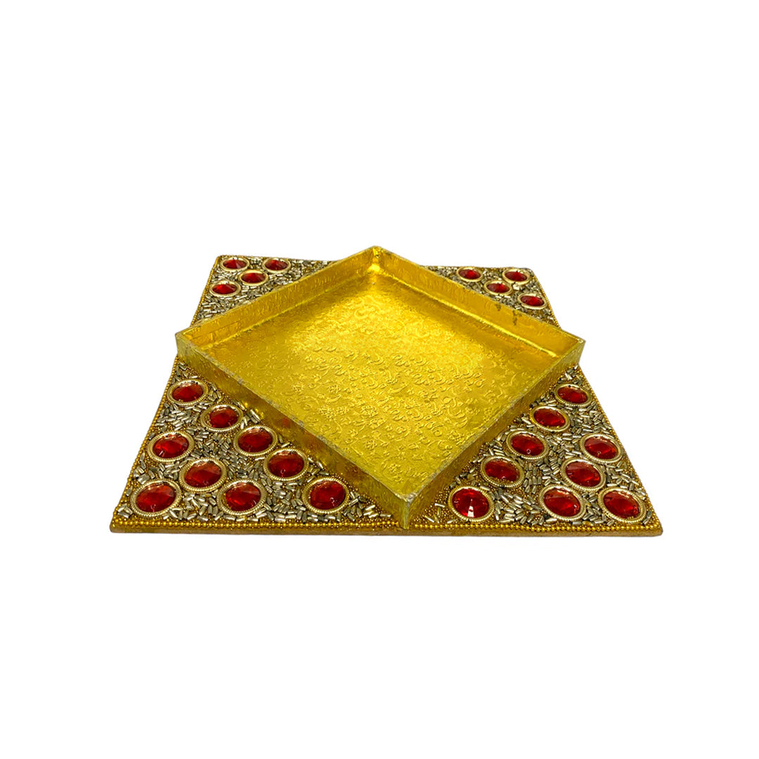 Red Stone Embellished Golden Serving Tray