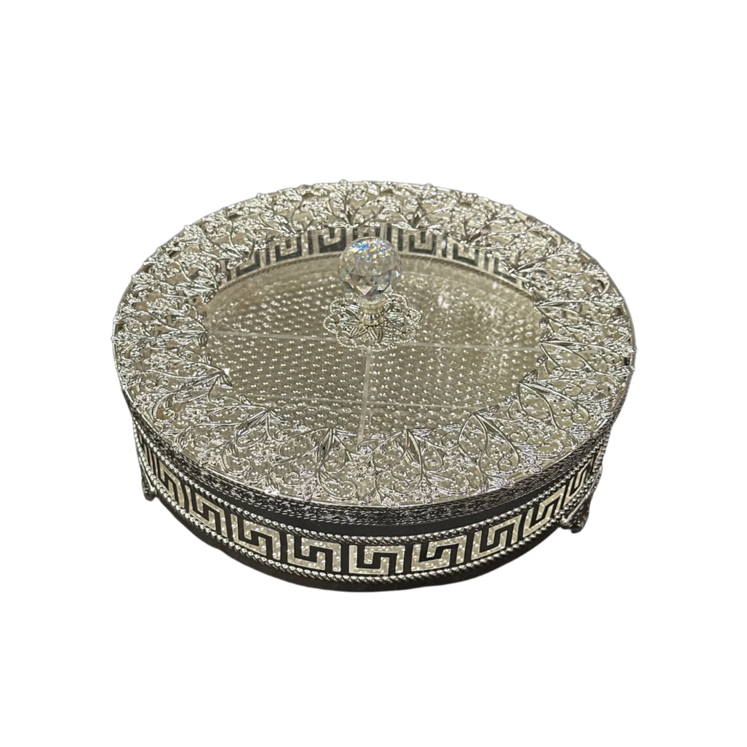 Silver Rimmed Greek Pattern Box with Crystal Knob
