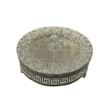 Silver Rimmed Greek Pattern Box with Crystal Knob