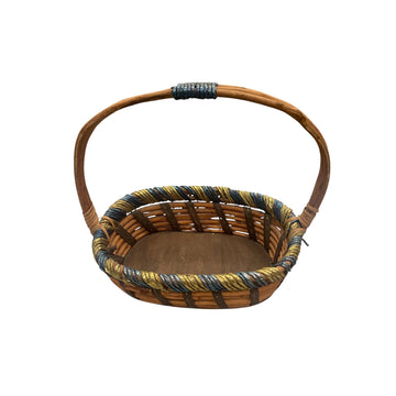 Decorative Oval Cane Basket with Wooden Base & Handle
