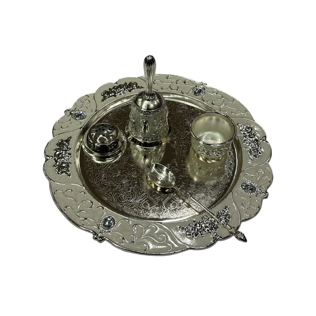 Sculpted Silver Pooja Thali Set with Crystal Adornments