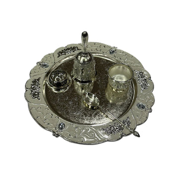 Sculpted Silver Pooja Thali Set with Crystal Adornments