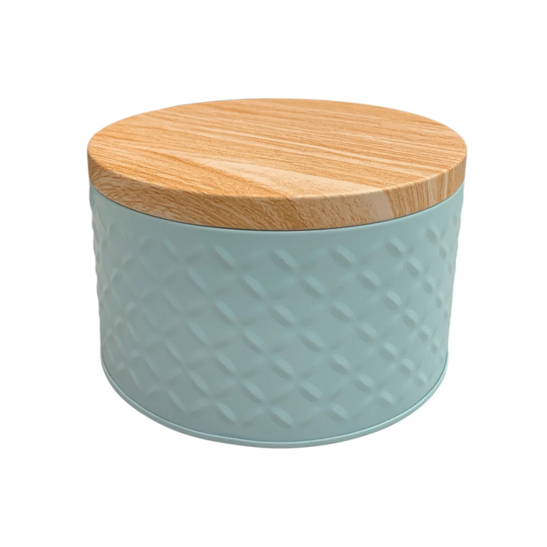 Round Metal Storage Container with Wooden Painted Lid