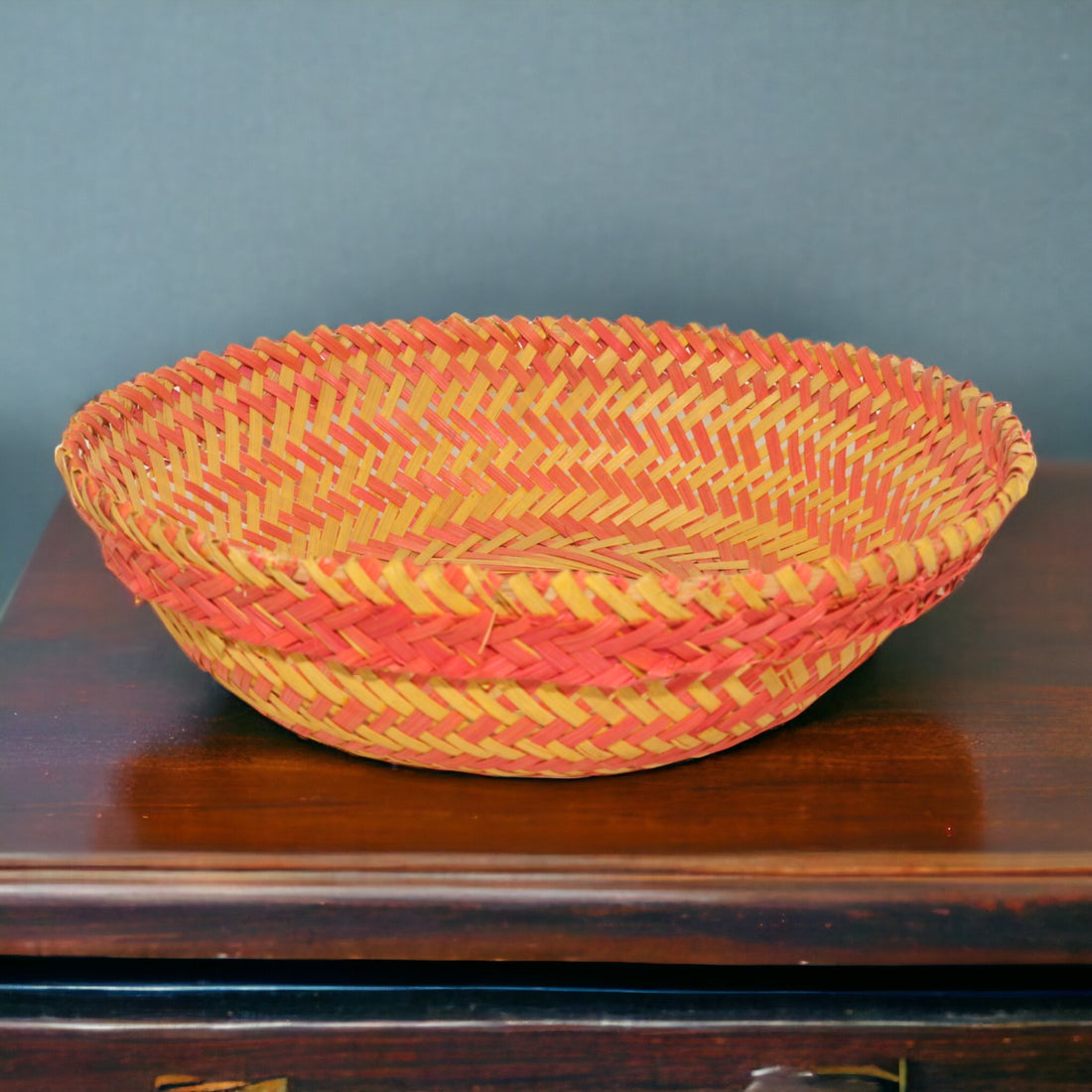 Round Handcrafted Abstract Pink Bamboo Basket