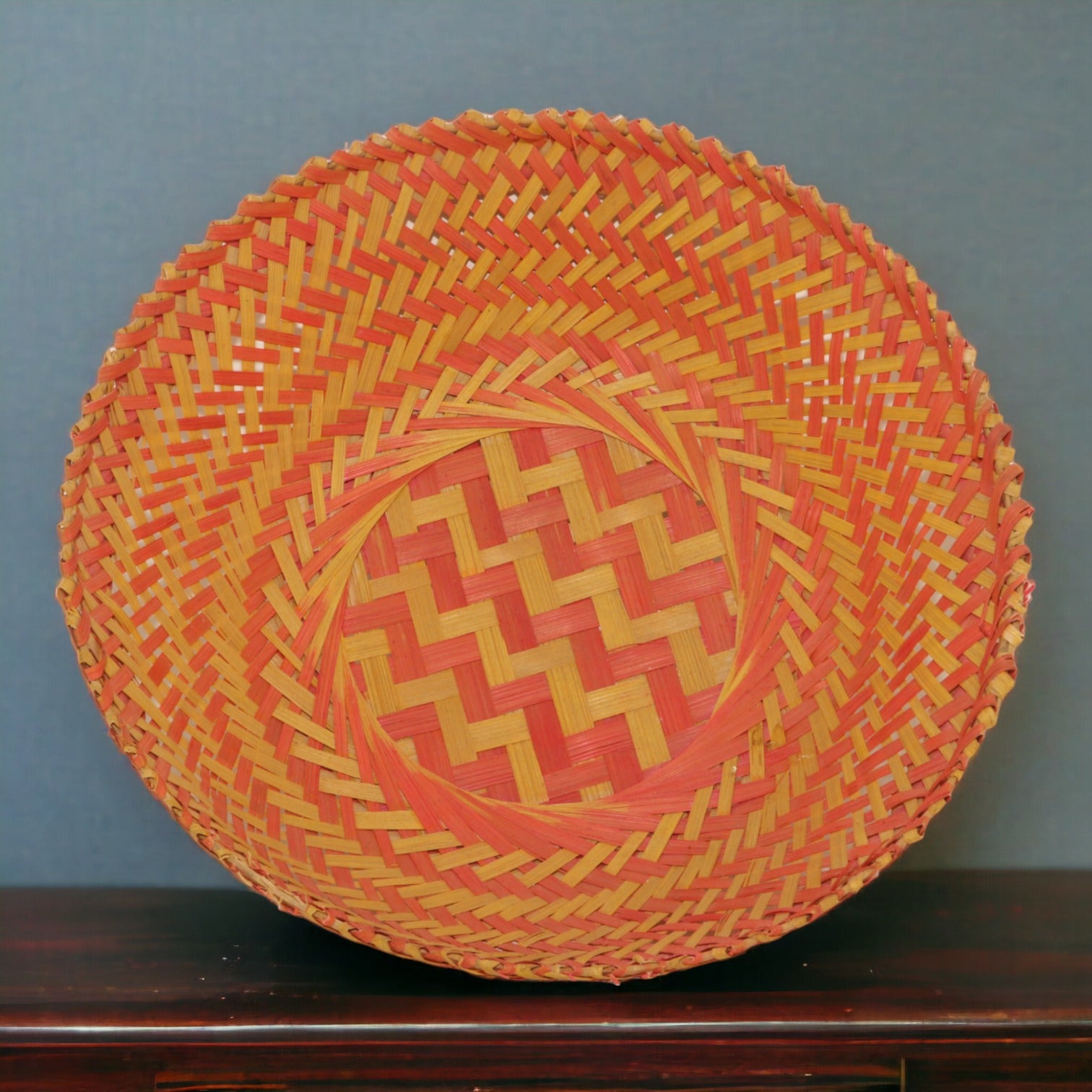 Round Handcrafted Abstract Pink Bamboo Basket
