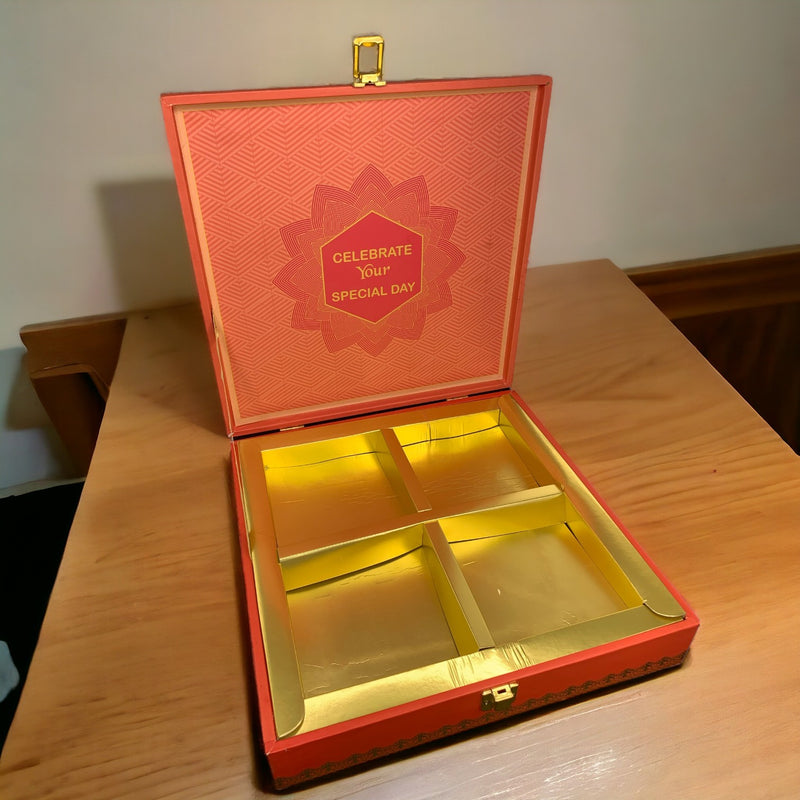 Square Diwali Gift Hamper Box with 4 partitions for Dryfruits