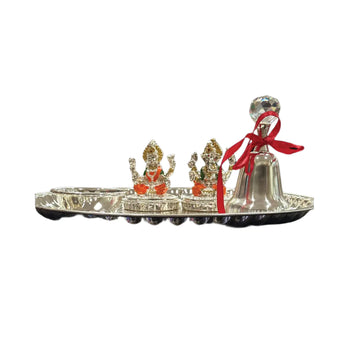 Traditional Silver Thali with Laxmi Ganesh Statues and Bell