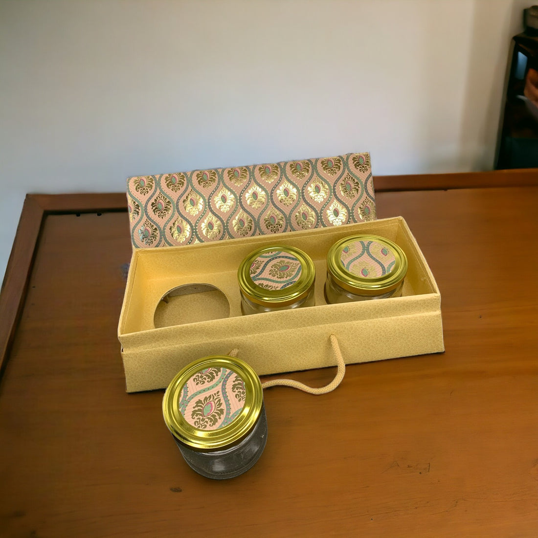 Cherish Rigid Box  with Handle and 3 Jars inside, Golden Color useful for Dry fruit Gifting Purpose