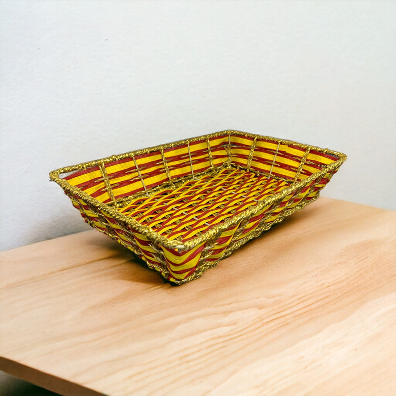 Rectangle Plastic Woven Rattan Yellow & Red Basket