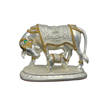 Kamdhenu Cow & Calf Idol with Ornate Carved Blanket