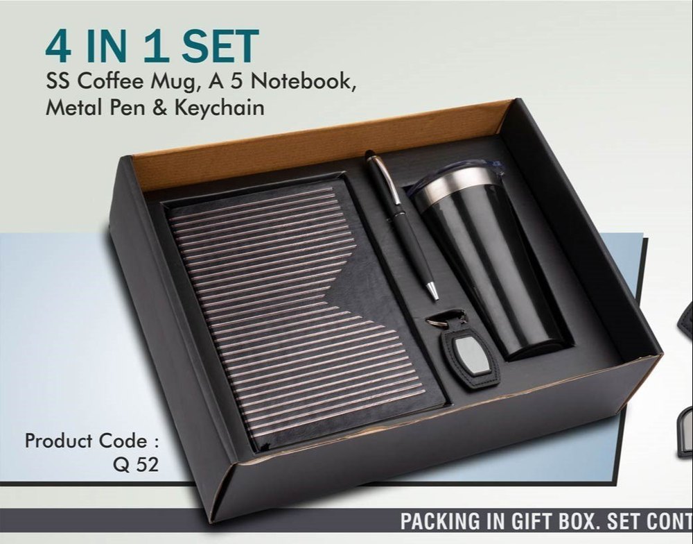 4 in 1 Set: Tall Sipper Mug in 304 Steel, Metal Pen, A5 Notebook and Keychain