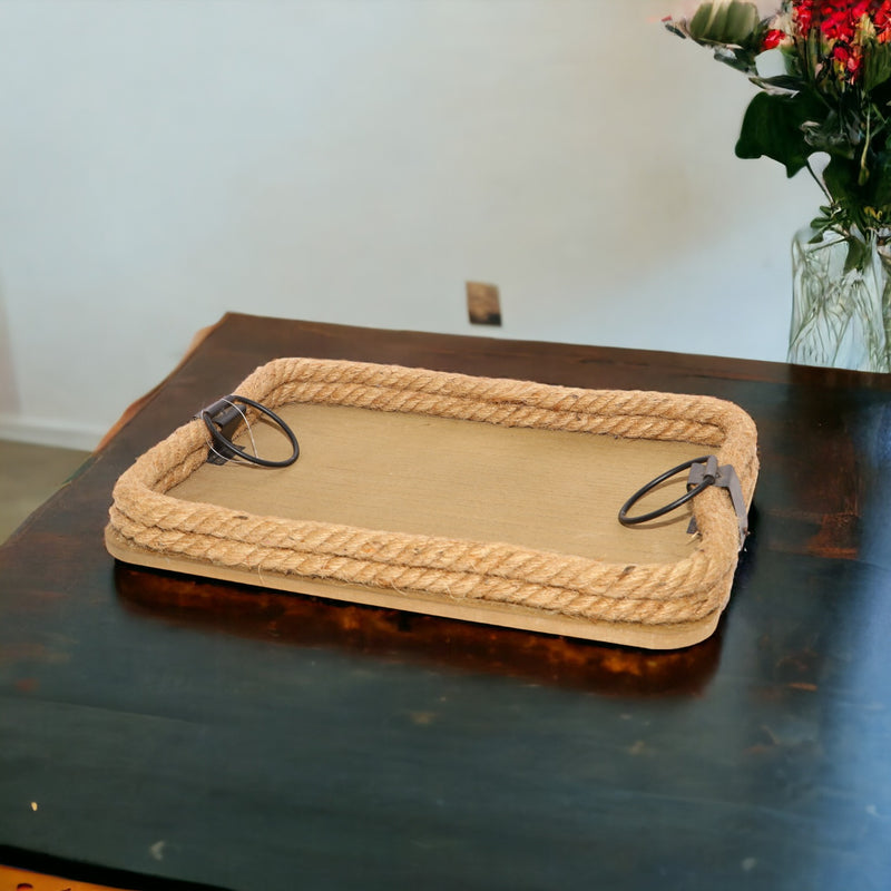 Rectangular Wooden Brown Tray with Rope Border & Round Handle&