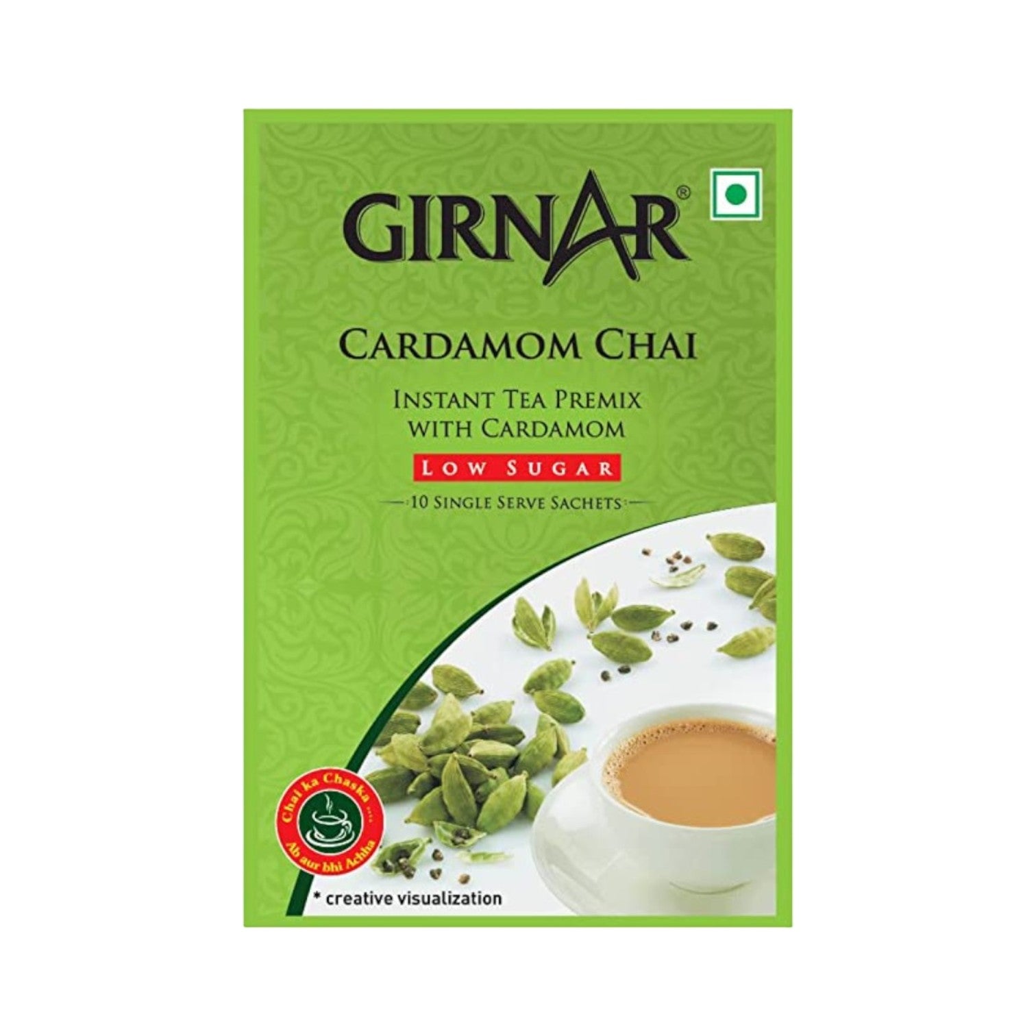 Girnar Instant Tea Premix Cardamom Chai Low Sugar 10 Sachets - Box