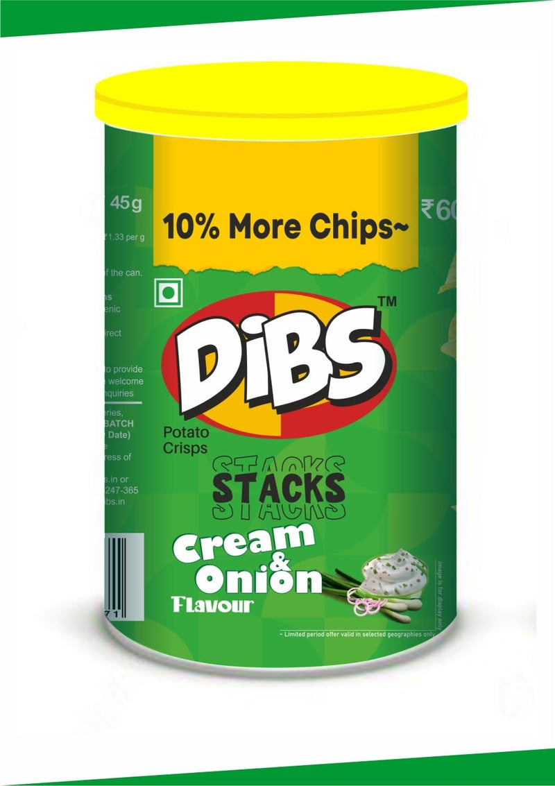 Dibs Stacks Potato Crisps Stackable Chips Cream & Onion Flavour 45g