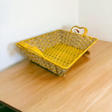 Rectangle Plastic Woven Rattan Yellow & Brown Basket with Handle