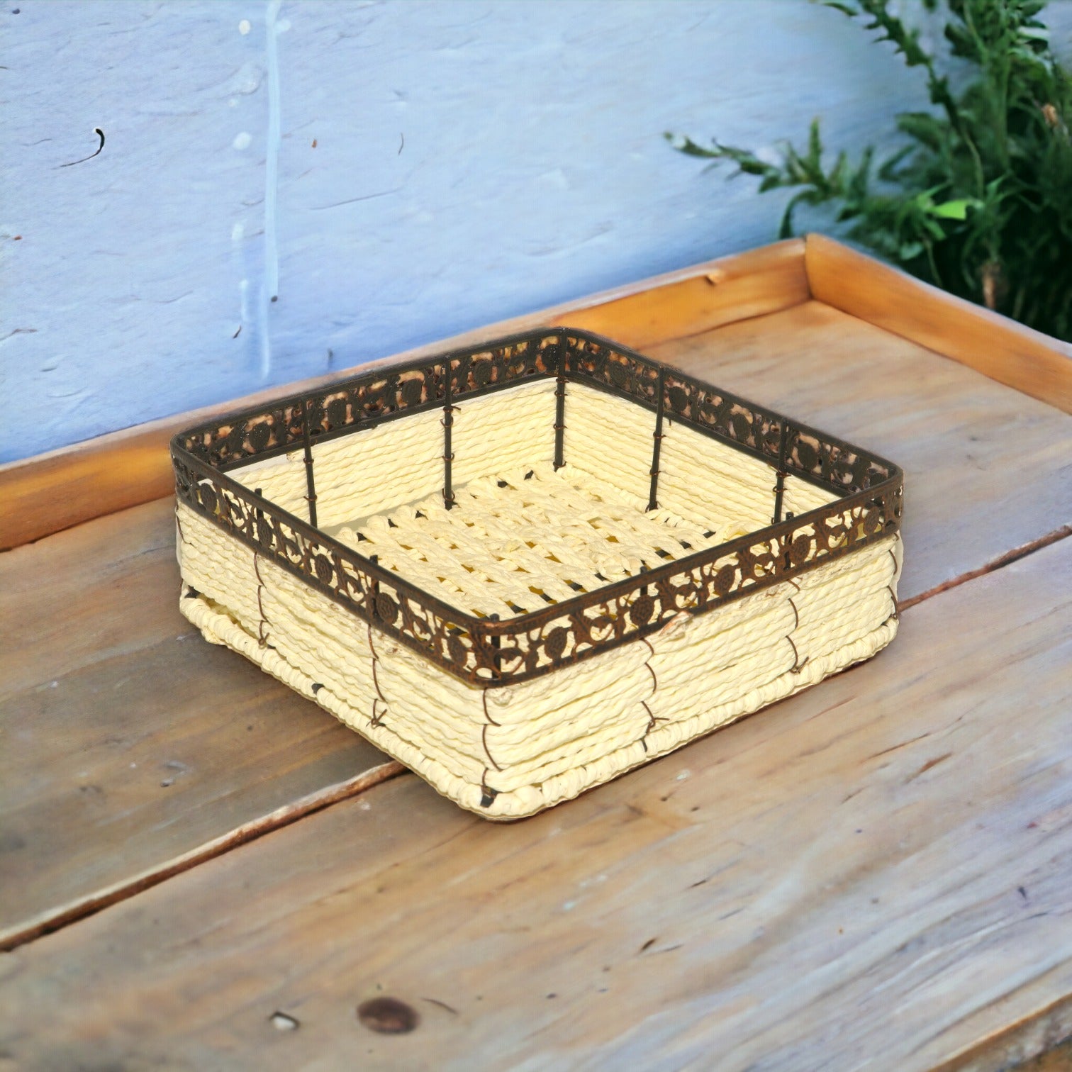 Square White & Black Jute Basket