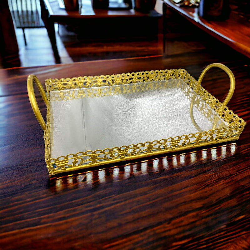 Rectangle Metallic Golden Tray with Glass Base with Handle