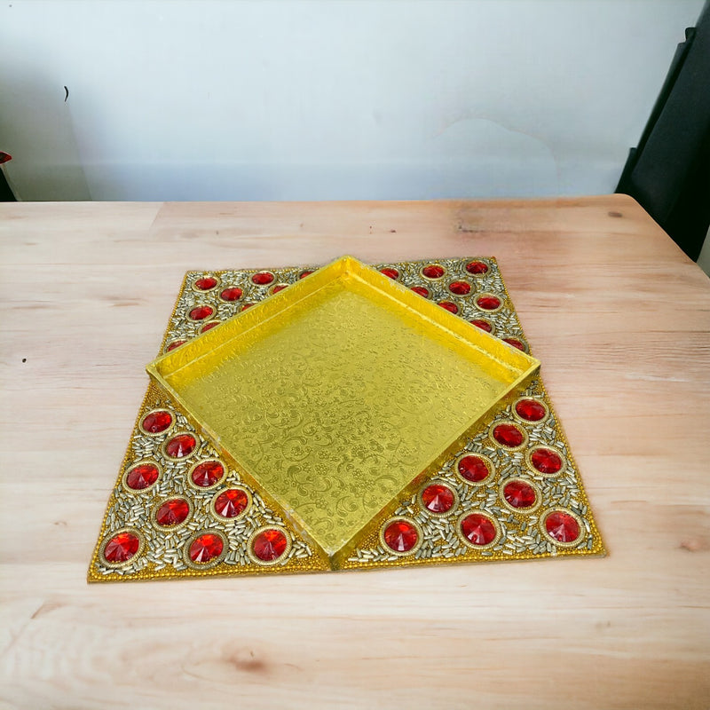 Square Golden Artificial Stone Work Dry Fruit Tray