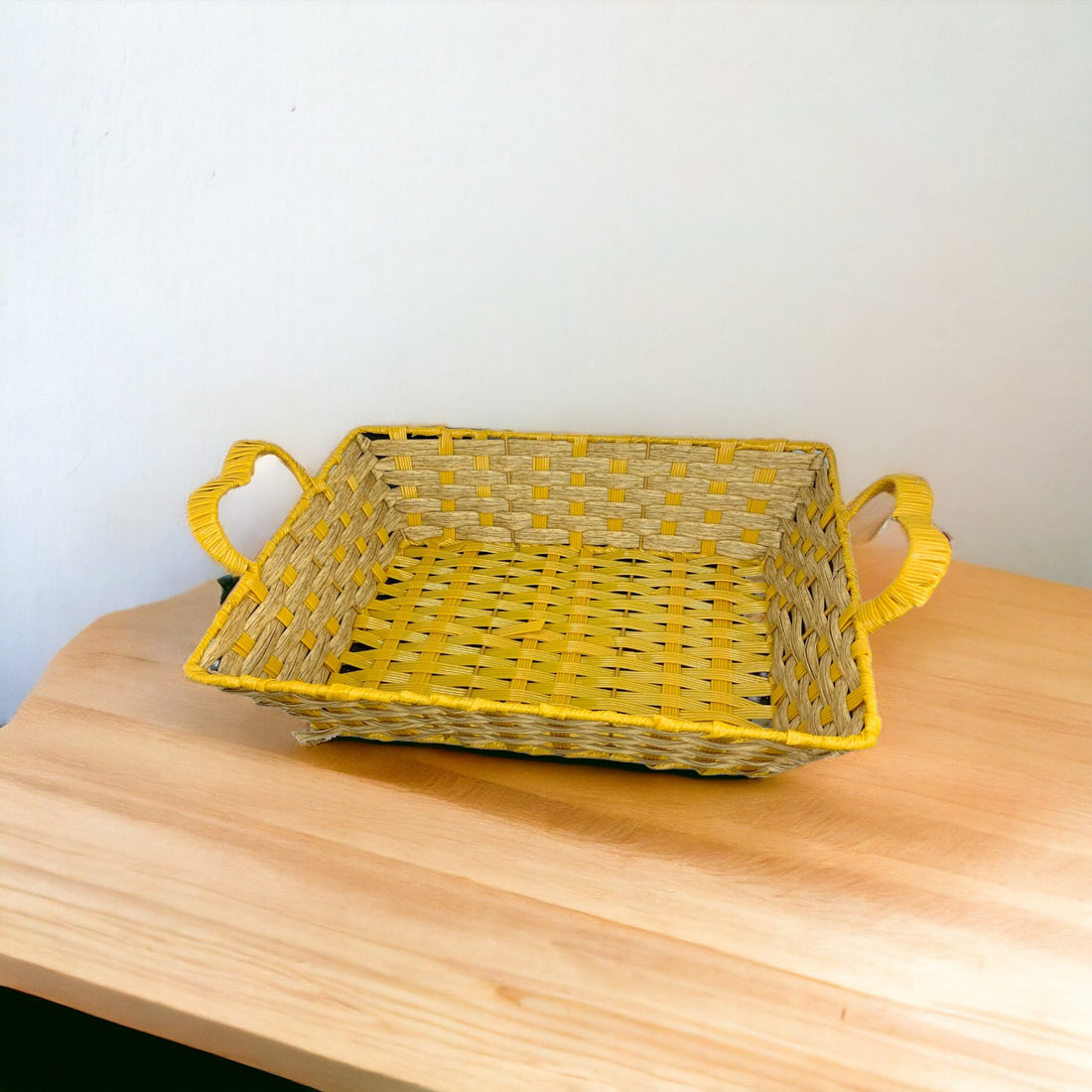 Rectangle Plastic Woven Rattan Yellow & Brown Basket with Handle