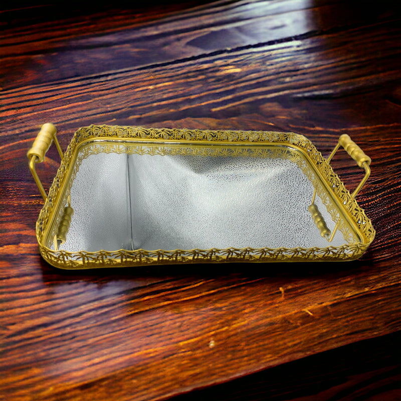 Rectangle Curve Metallic Golden Tray with Glass Base with Handle