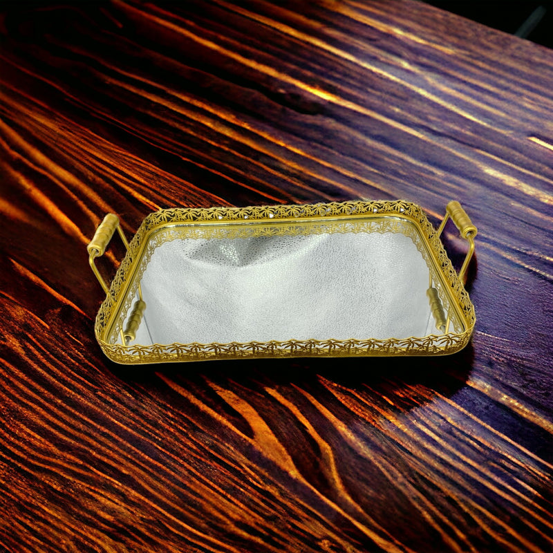 Rectangle Curve Metallic Golden Tray with Glass Base with Handle