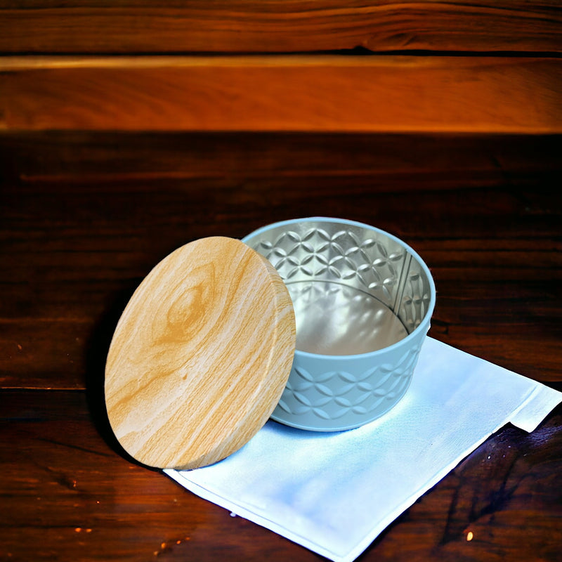 Round Metal Box with Wooden Print Lid: Pack of 10