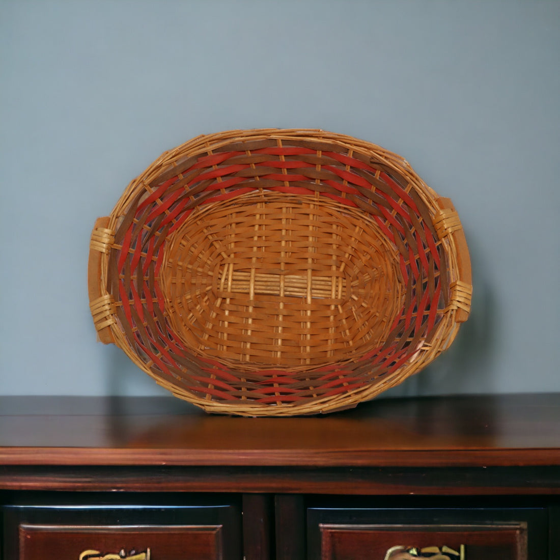 Oval Wooden Orange Red Basket with Handles