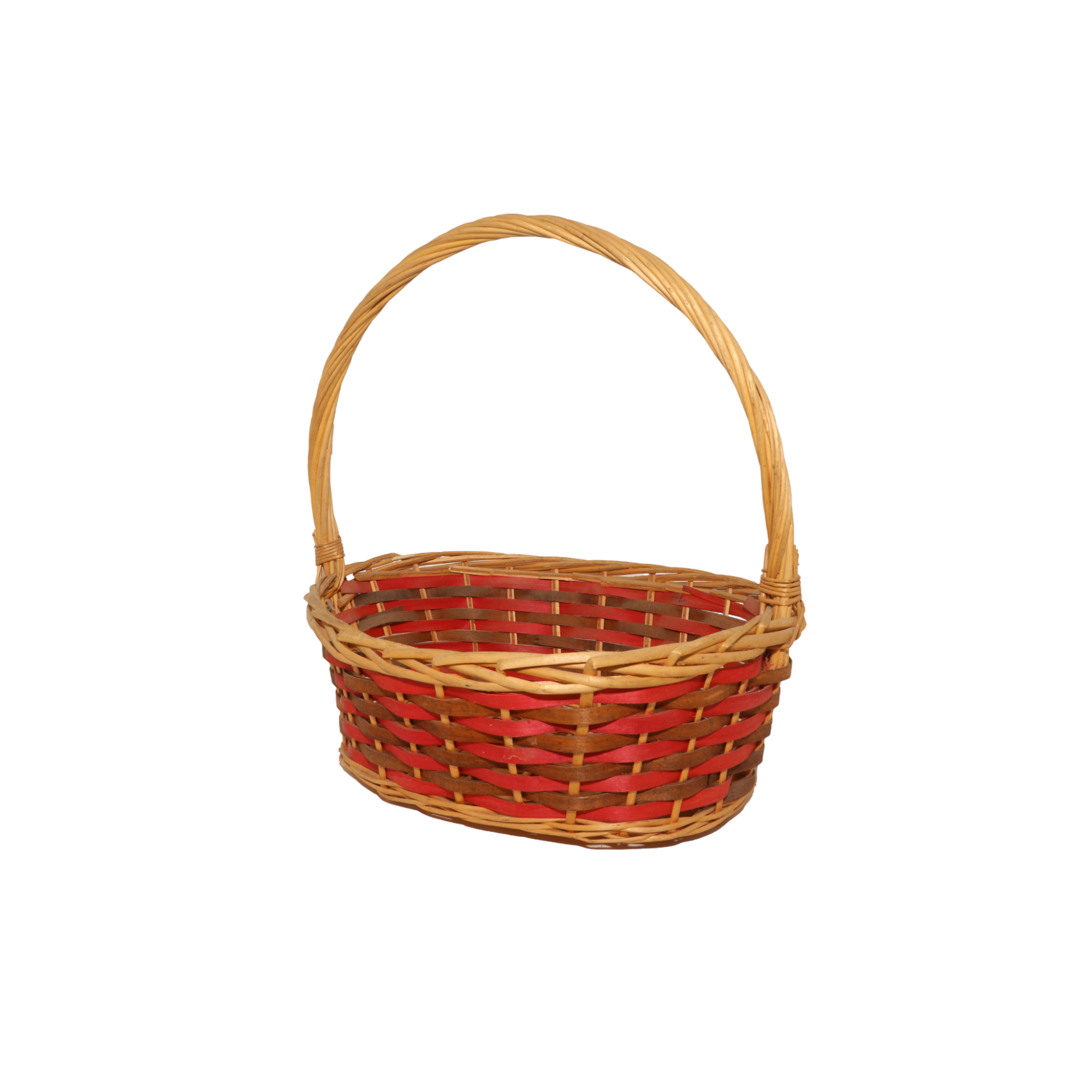 Handwoven Oval Cane Basket with Handle – Orange-Red Accent