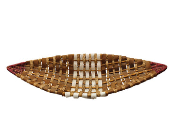 Handcrafted Bamboo Boat-Shaped Woven Basket with Natural Brown and White Strips"
