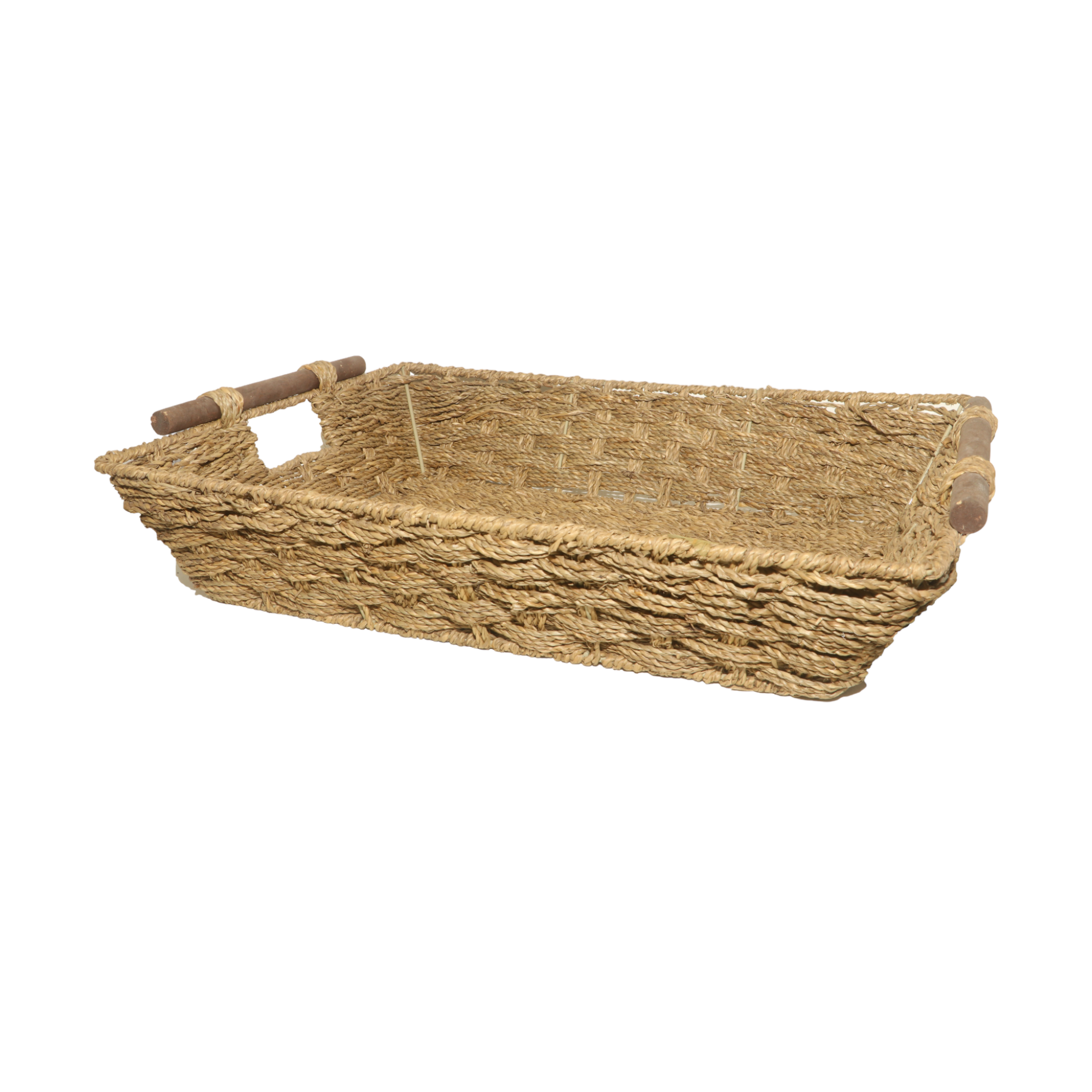 Handwoven Rectangular Seagrass Basket with Wooden Handles