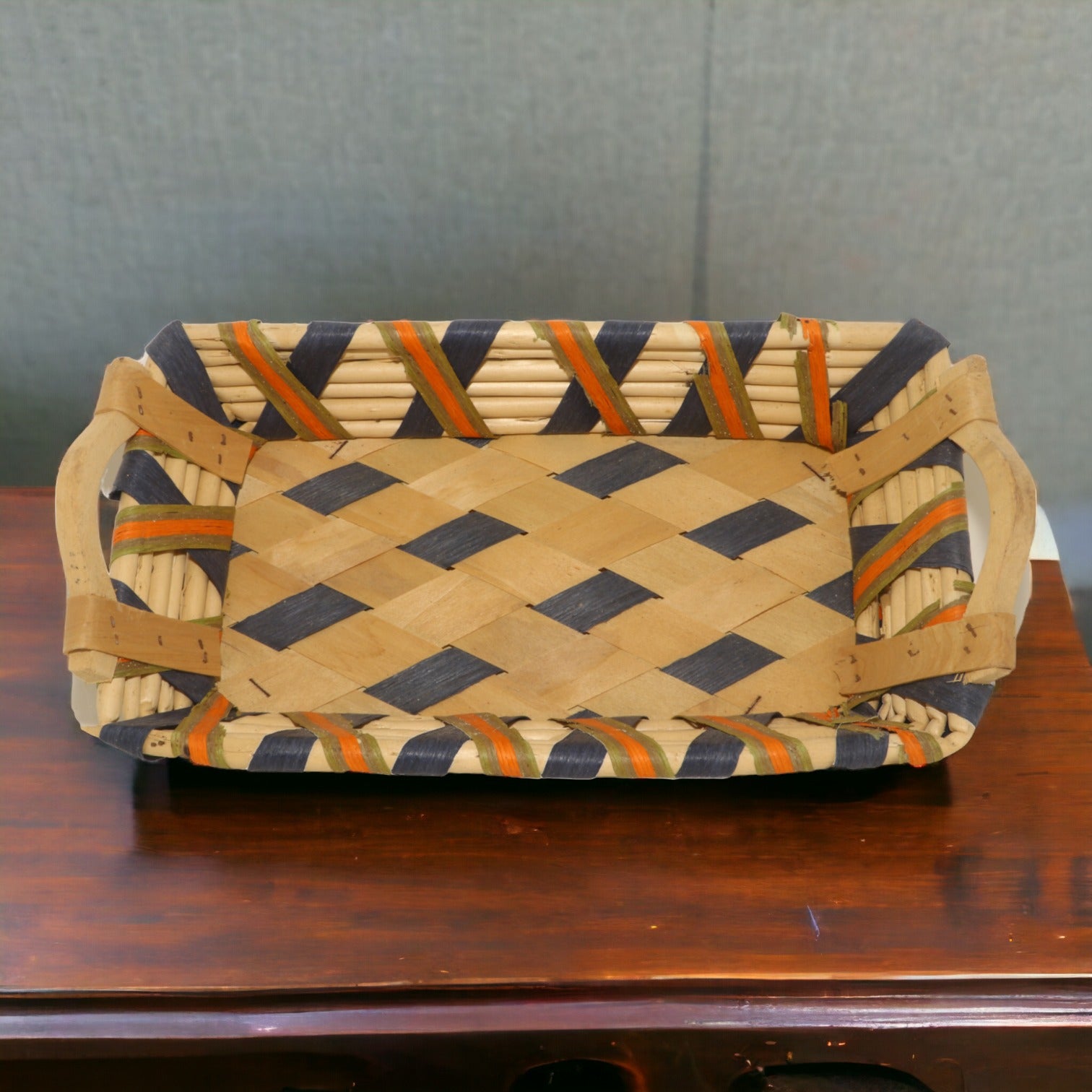 Rectangular Bamboo Blue Orange Basket with Handle