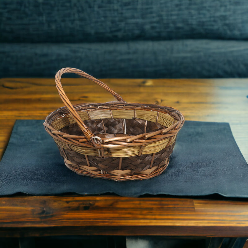 Round Veneer Rattan Dark Brown Basket with Foldable Handle