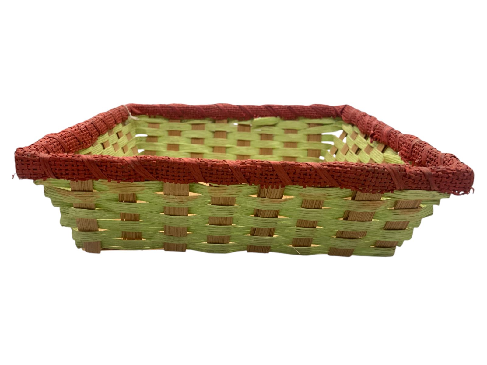 Paper Weaved Green & Red Square Utility Basket – Handcrafted Storage Organizer
