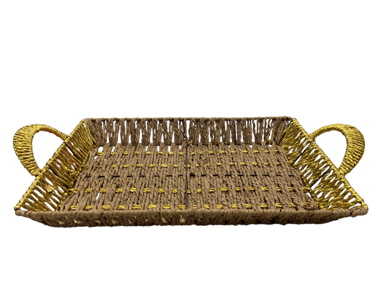 Plastic Woven Wicker Tray Basket with Golden Accents – Handcrafted Decorative Serving & Storage Tray