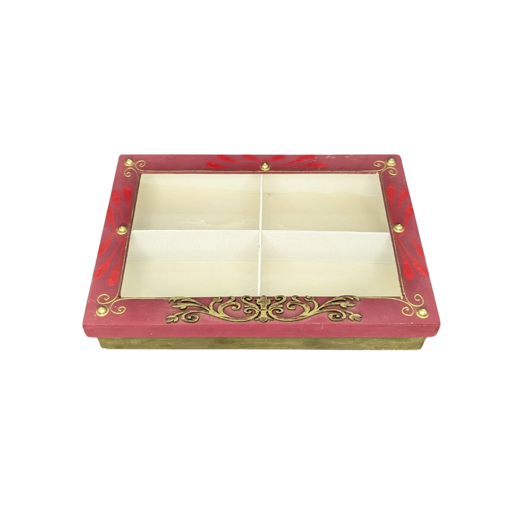 Four Partition Box with Ornamental Red & Gold Design